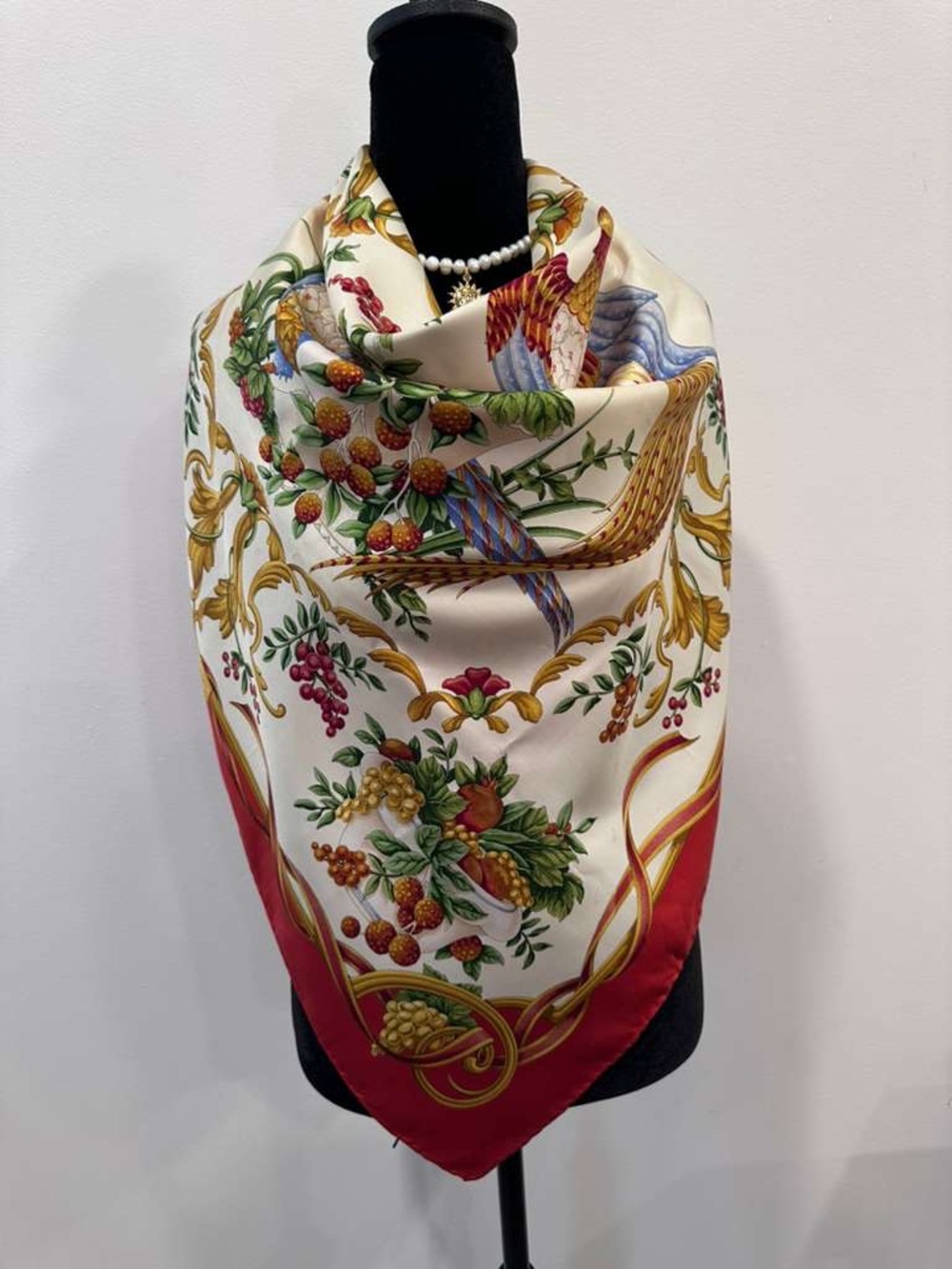 Salvatore Ferragamo Silk Scarf Red Floral Hand Rolled